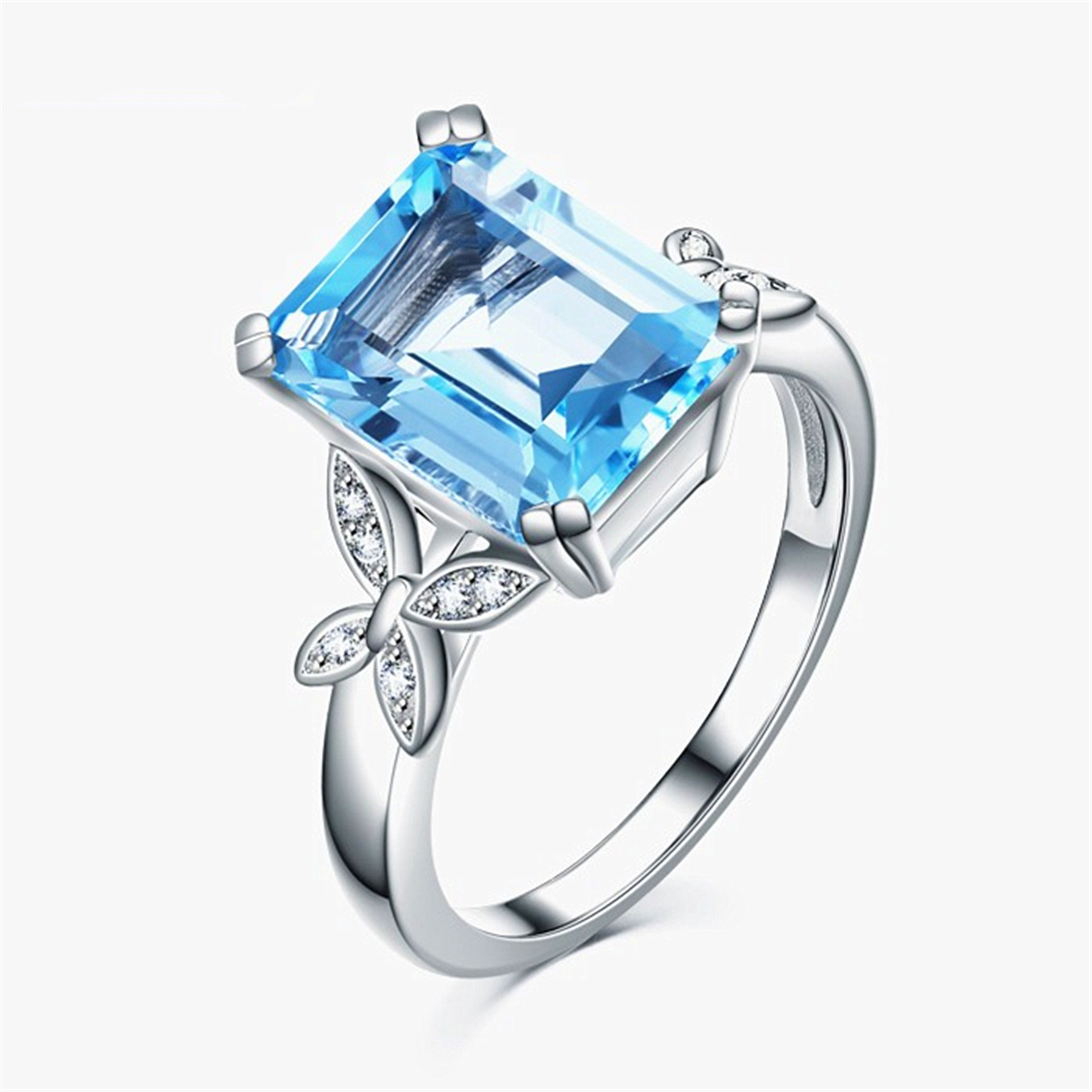 Amazon cross-border hot sale luxury topaz sea blue zircon square engagement ring bracelet ring manufacturer