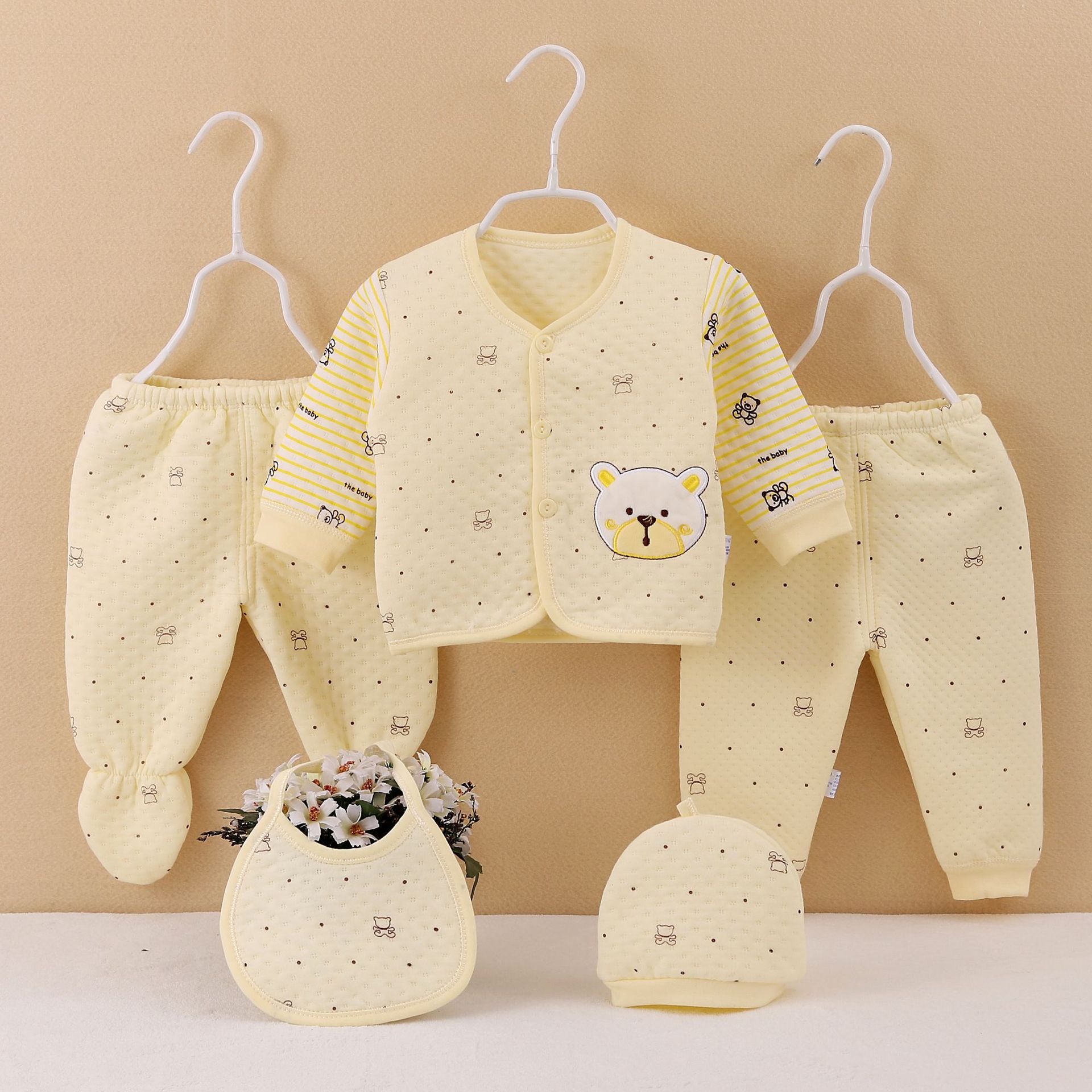 Conjunto de ropa interior de algodón para bebé, conjunto de cinco piezas para recién nacido, 0-3 meses, primavera, otoño e invierno, grueso y cálido.