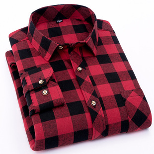 Plus-Size Men's European and American Style Plaid Casual Shirts, Brushed Long-Sleeve Shirts, Trendy