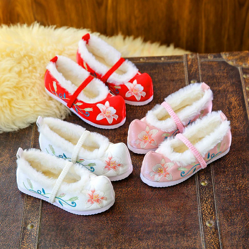 Зимние теплые туфли с вышивкой бантом Hanfu на флисовой подкладке антикварные туфли для девочек с вышивкой детская обувь с вышивкой Hanfu оптом