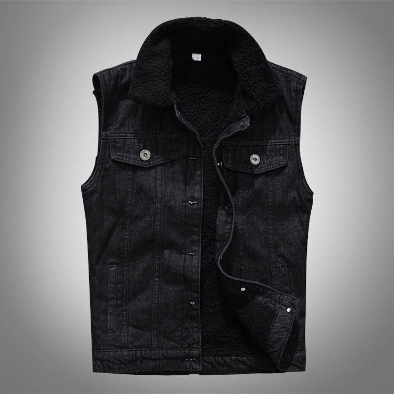 Trendy men's autumn and winter fleece-lined thickened Denim vest Korean style slim fit warm Denim vest sleeveless waistcoat