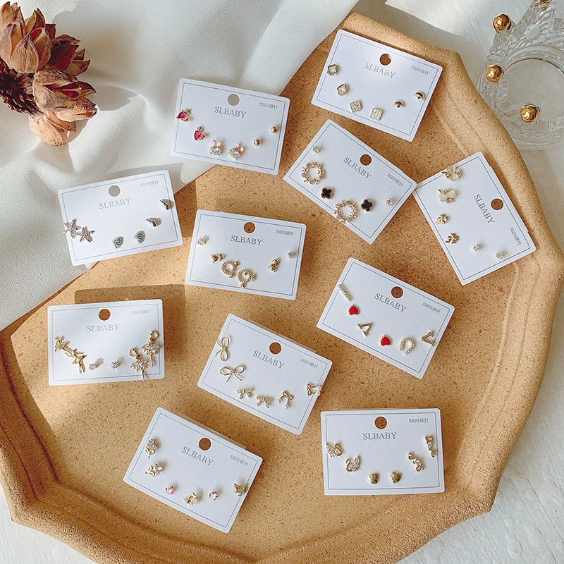 Серебряная игла, короткий цирконий, универсальные серьги, набор, образец серебра 925, микроинкрустация, японская и корейская стили, простой и элегантный дизайн, набор из 3 шт.