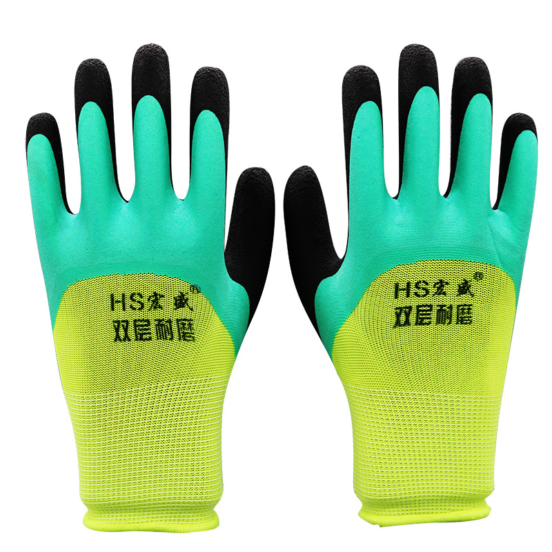 Hongsheng espuma de látex de goma de nylon inmersión resistente al desgaste antideslizante guantes de trabajo para el sitio de construcción al por mayor