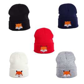 跨境卡通狐狸logo刺绣针织帽女士月子冬季保暖可爱毛线帽子厂家批
