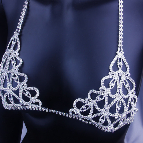 Elegant and Sexy Body Chain Set with Water Diamond and Luxurious Bra, Trendy Nightclub Heart Design, Instagram Influencer Fashion Accessory