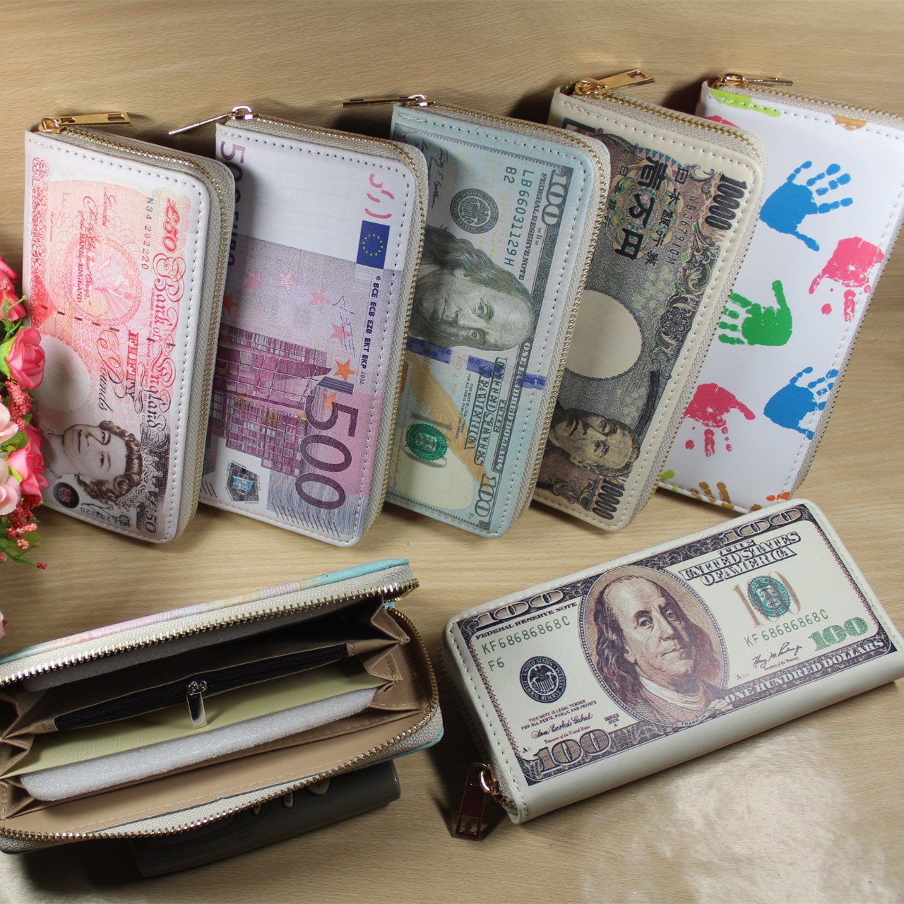 新款潮流钱币单拉创意钱包男士美元欧元男女学生长款皮夹卡包