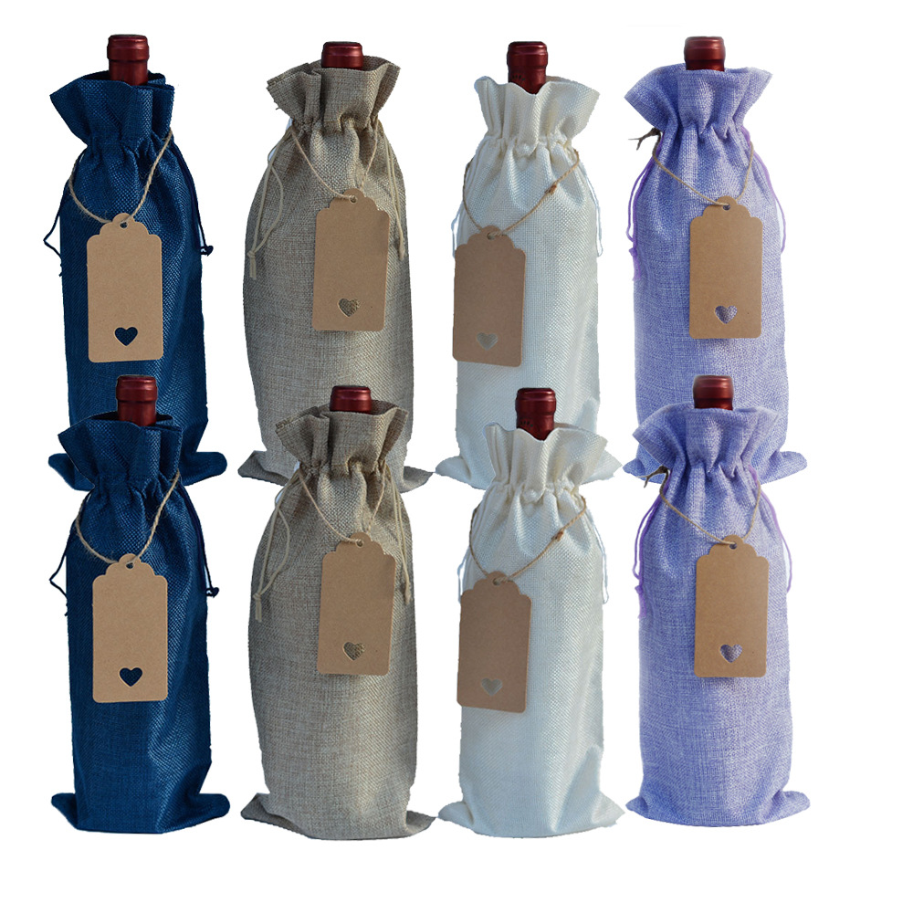 Bolsa de botella de vino tinto 10 piezas bolsa de vino tinto de lino Traje + etiqueta bolsa de embalaje de vino tinto bolsa de cordón de lino en stock