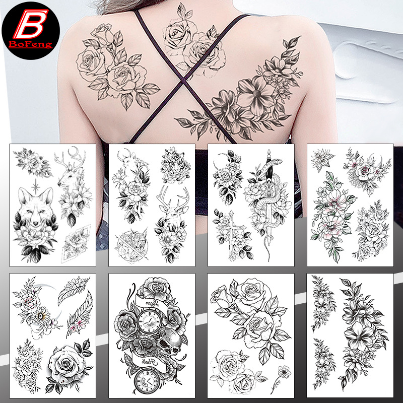 批发素描花朵纹身贴欧美跨境手绘黑色暗黑防水环保花臂纹身贴纸