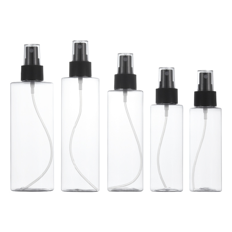 Xumin embalaje 100-150ml en stock botella de spray de rocío puro 250ml botella de plástico transparente para mascotas botella de spray negro