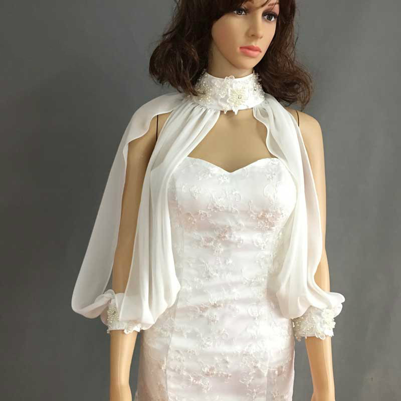 European and American Foreign Trade Bride Wedding Pearl Chiffon Shawl Neck Cloak Hand-stitched Bead Women's Chiffon Shirt Lace Shirt