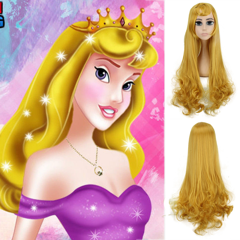 Princesa Alora cos dormir belleza amarillo largo pelo rizado Cosplay anime peluca en stock al por mayor