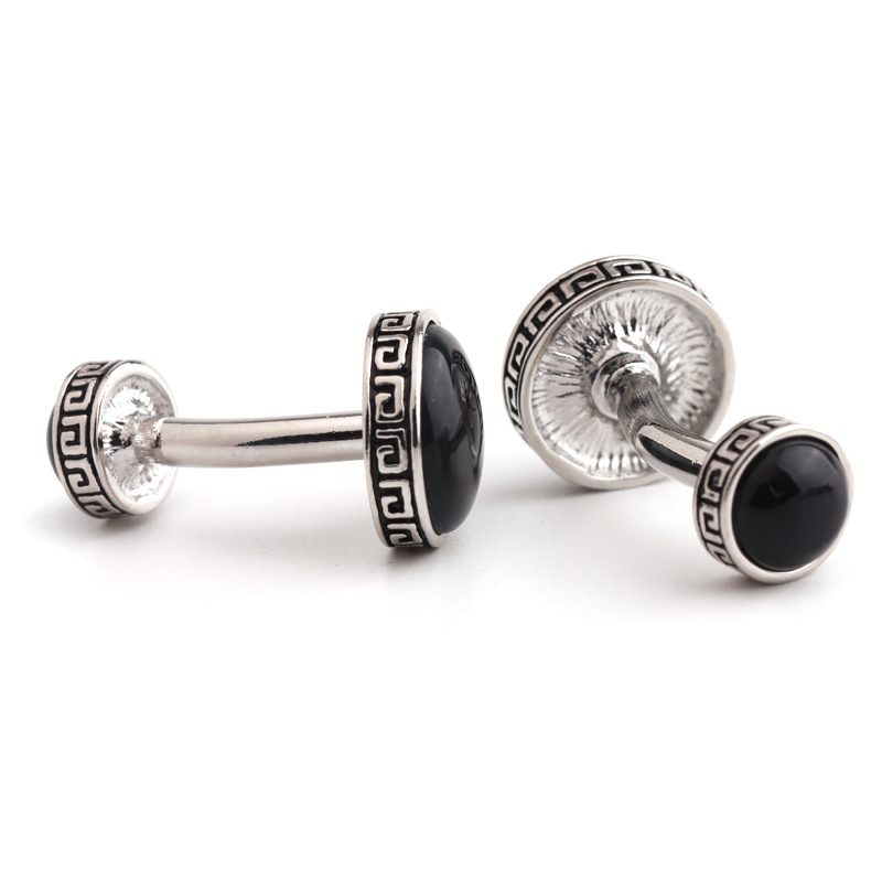 Gemelli rotondi a doppia testa con occhio di gatto nero, gemelli con gemma oliata e vernice da forno_voghion.com