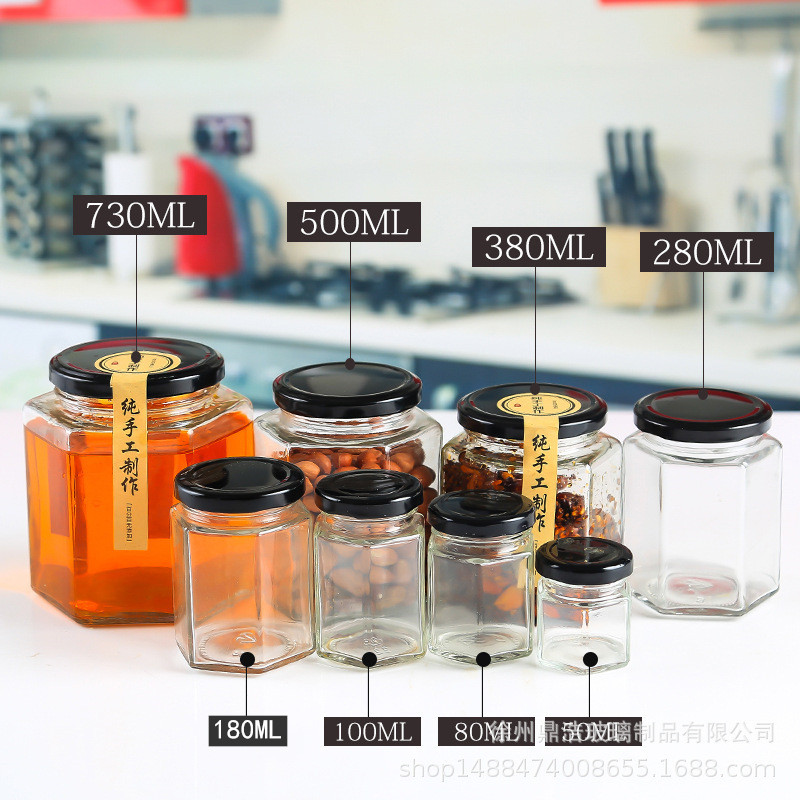 厂家六棱玻璃蜂蜜瓶 透明酱菜泡菜瓶罐头瓶 玻璃果酱瓶辣椒酱瓶