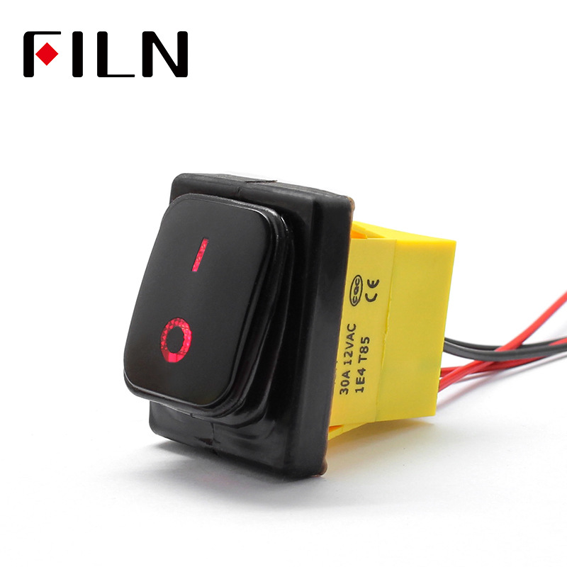 带线全防水黑色喷漆盖30A大电流四脚两档银点翘板船型开关 22*30