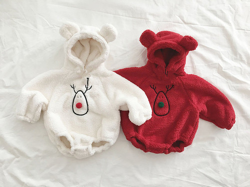 Ins Winter double-sided velvet jumpsuit for boys and girls, Christmas outfit, New Year red coat, long-sleeved romper, outdoor clothing