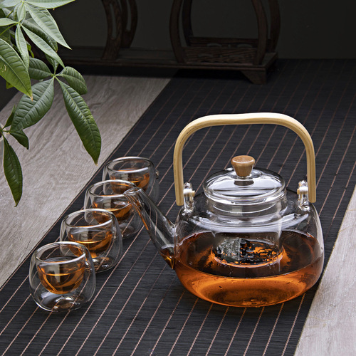 High borosilicate boiling water for making tea, heat-resistant glass teapot, tea water separation and filtering, scented tea, bamboo and wooden beam teapot, household