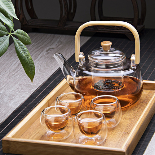 High borosilicate boiling water for making tea, heat-resistant glass teapot, tea water separation and filtering, scented tea, bamboo and wooden beam teapot, household
