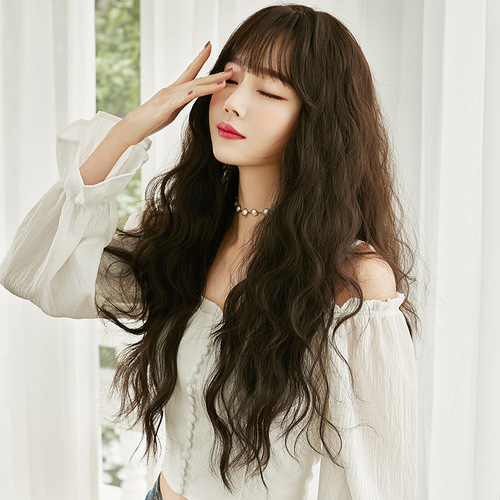 Popular Korean version of long curly hair internet celebrity wool curly hair cover air bangs corn perm wig full head cover wholesale