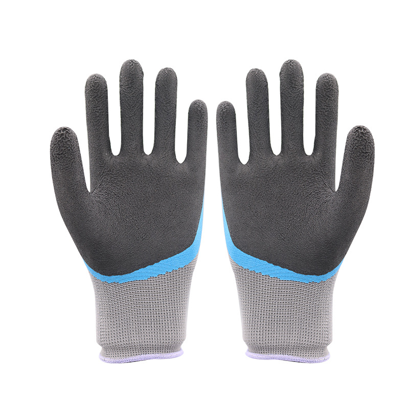 Guantes de protección laboral de nailon de doble capa con revestimiento reforzado en la palma, resistentes al desgaste y antideslizantes, adecuados para trabajos en talleres y sitios de construcción.