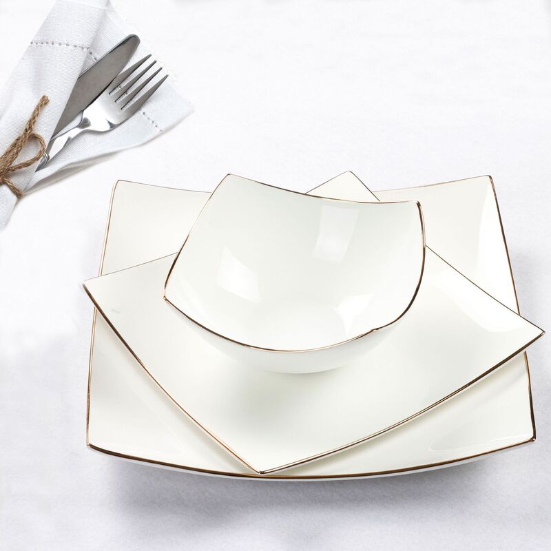 Bone China Simple Pure White Square Bowl and Plate Set with Gold Rim for Home Use, Hotel Banquets, Dining, Afternoon Tea, and Pastry Plates Bone China Simple Pure White Square Bowl and Plate Set with Gold Rim for Home Use, Hotel Banquets, Dining, Afternoon Tea, and Pastry Plates