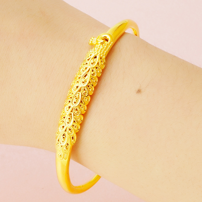 Simple copper plated pure gold sand gold peacock bracelet for mother ethnic style wedding bride cloisonne push-pull female bracelet