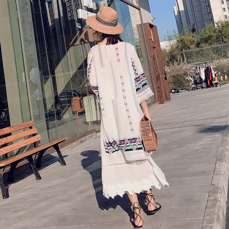 New Holiday Style Beach Sun-protective Clothing Women's Ethnic Style Printed Shawl Jacket Retro Mid-length Cardigan dress