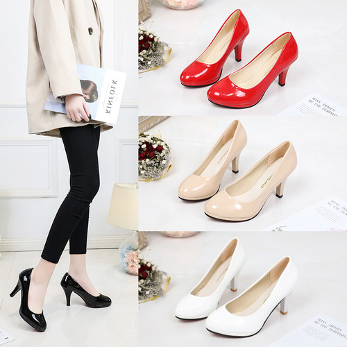  Manufacturer supplies high-heeled round-toe patent leather professional work shoes, fashion high-heeled shoes, women's shoes, four-season pumps