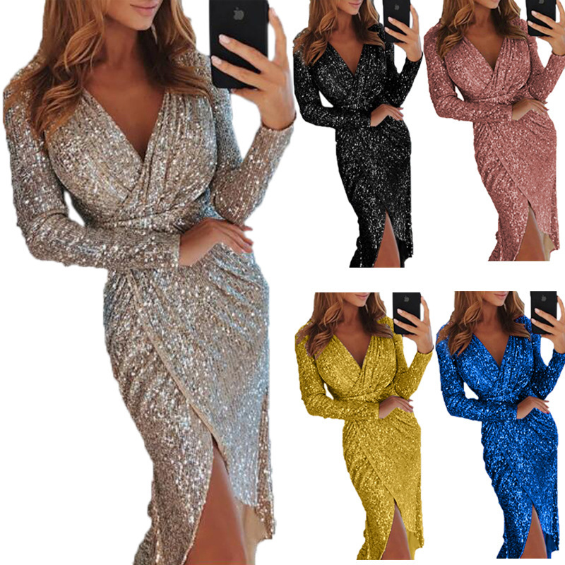 Wish Amazon European and American New Women's Bronzing Long-Sleeved V Neck Shiny Dress Evening Sexy Dress Wish Amazon European and American New Women's Bronzing Long-Sleeved V Neck Shiny Dress Evening Sexy Dress