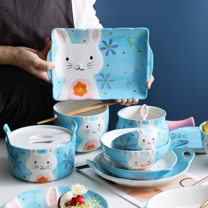 日式卡通陶瓷餐具碗碟套装碗家用盘子碟子可爱兔子ins风碗盘汤碗