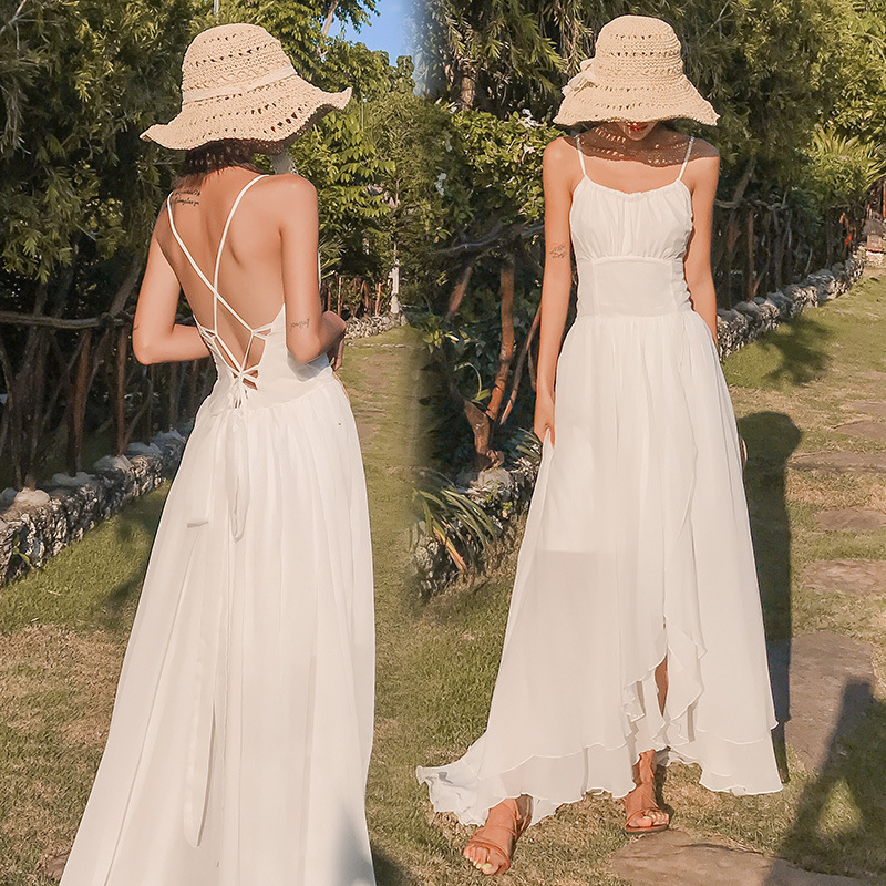 Super fairy slimming sling holiday dress irregular dovetail skirt cross backless lace-up dress wedding dress
