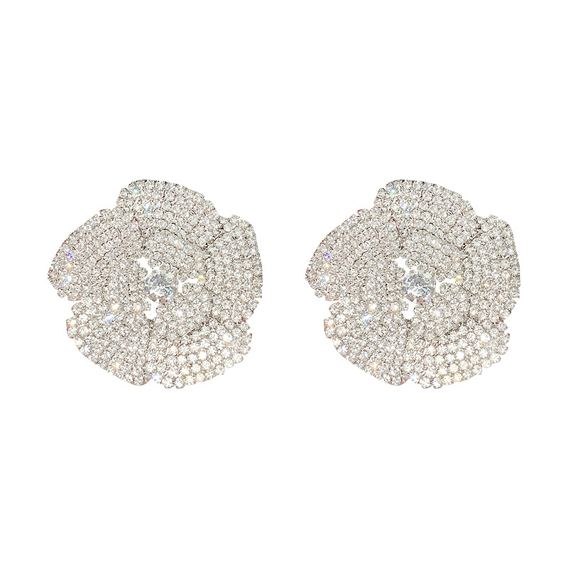 925 aguja de plata moda europea y americana exagerado diamante completo Rosa pétalo pendientes al por mayor lujo