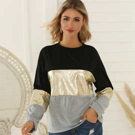 休闲欧美跨境女装t恤打底衫潮 女式秋冬季新款长袖拼接金边上衣