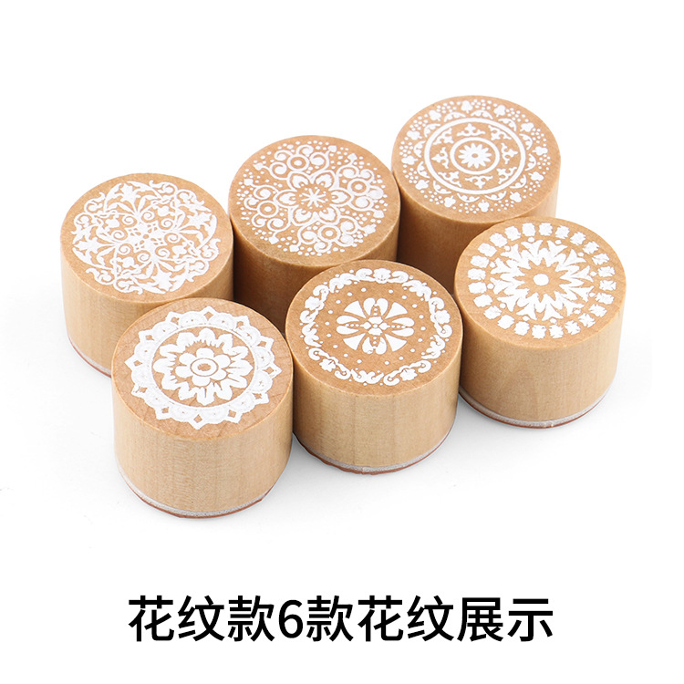 DIY creativo de madera redondo retro patrón sello serie de encaje de dibujos animados frase inglesa bendición sello 6 modelos