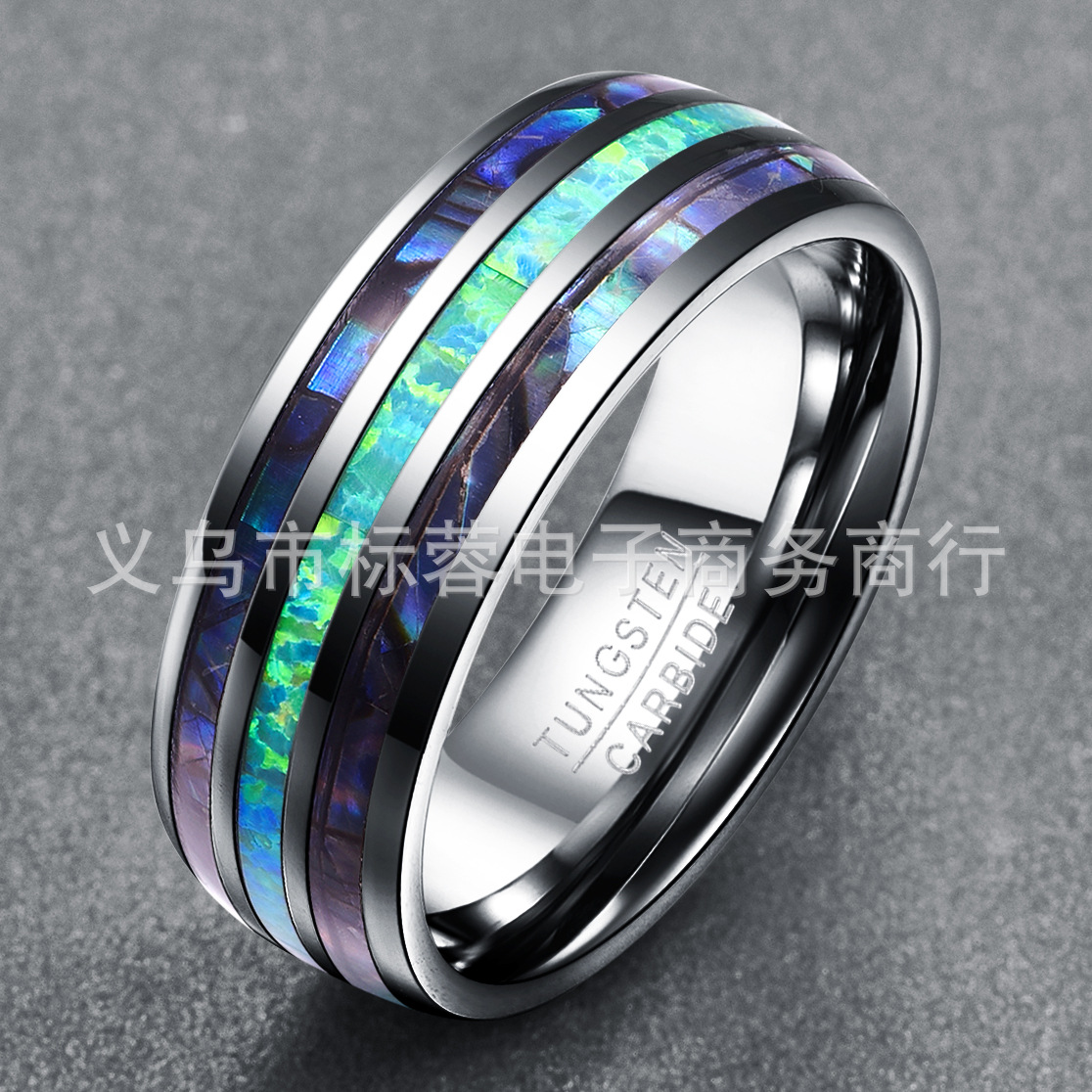 Cúpula pulida de tres ranuras con incrustaciones de concha de abulón + ópalo + concha de abulón para hombres anillo de acero de tungsteno en stock entrega de una pieza