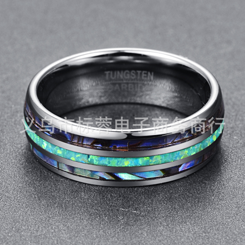 Cúpula pulida de tres ranuras con incrustaciones de concha de abulón + ópalo + concha de abulón para hombres anillo de acero de tungsteno en stock entrega de una pieza