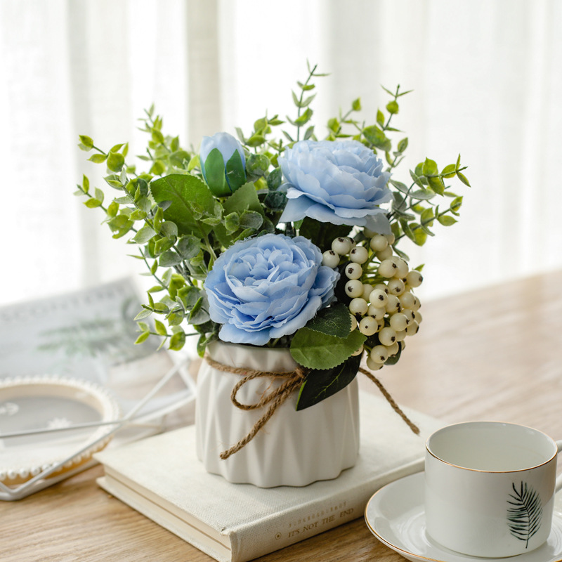 Nordic flor artificial traje de cerámica cuerda de cáñamo jarrón Rosa artificial planta maceta decoración del hogar falso maceta