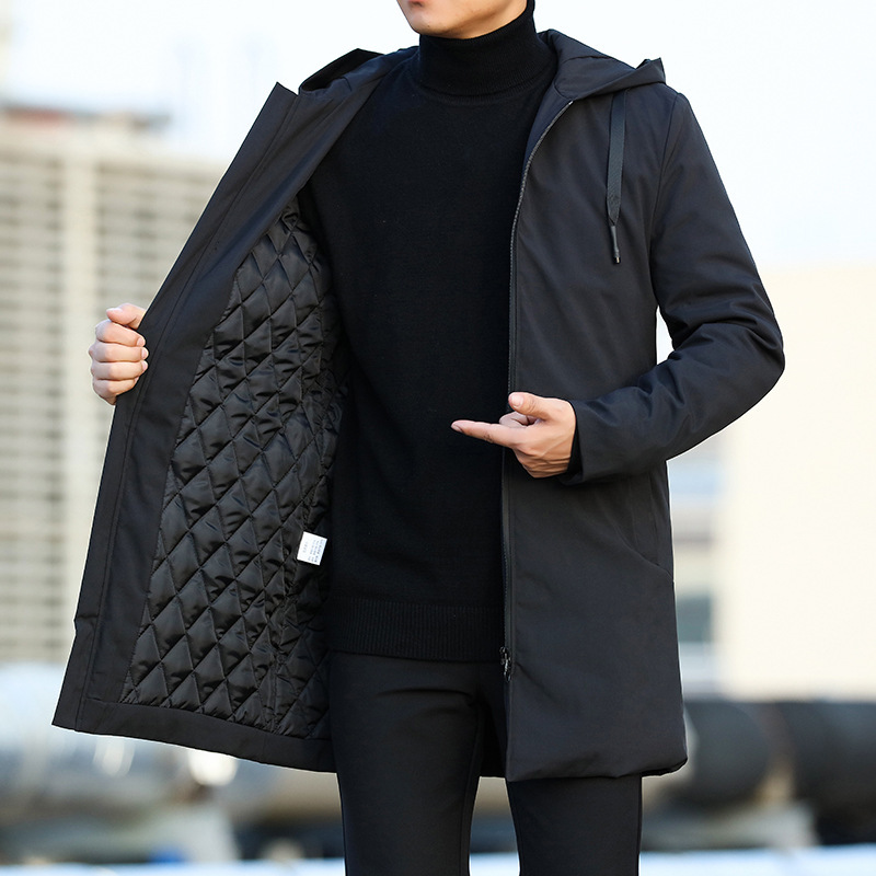 Winter Windbreaker Men's New Thickened Hooded Casual Jacket Youth Solid Color Fashion Mid-Length Jacket Drop Shipping