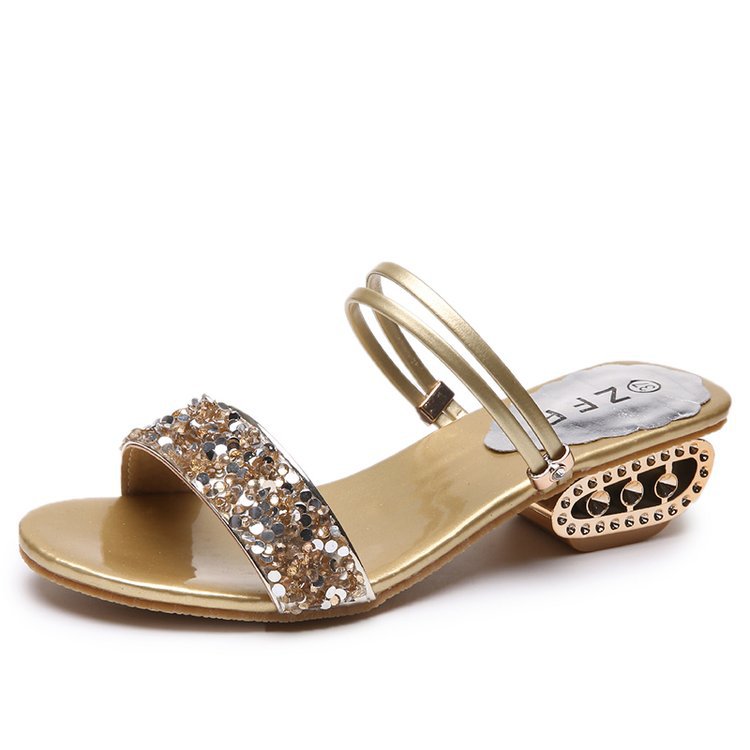 Sandalias y zapatillas de mujer 2023 zapatos de lentejuelas de diamantes de imitación de verano desgaste bidireccional zapatillas de mujer desgaste exterior moda europea y americana