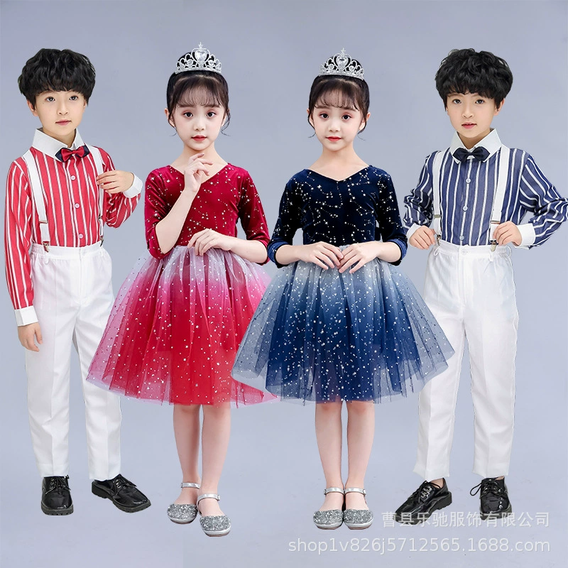 Новогодний Детский костюм хора платье на подтяжках для мальчиков и девочек градиентное платье принцессы пушистое марлевое платье одежда для танцевальных выступлений