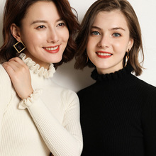 2025秋冬款针织衫女花边袖荷叶领边打底衫毛绒衫抽条修身厂家