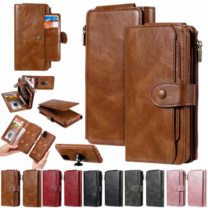 Suitable for iPhone 17 Leather Case, 14 Plus Retro Zipper Magnetic Multifunctional Wallet Leather Case, 12 Pro Detachable