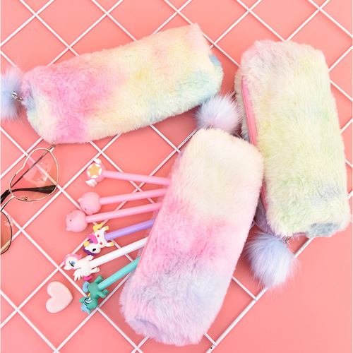 Korean style creative pencil case gradient color cute girl plush octagonal pencil case girl heart student simple storage bag