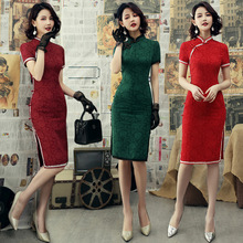 新款提花棉旗袍中式改良中长款蕾丝边连衣裙修身显瘦日常中国风