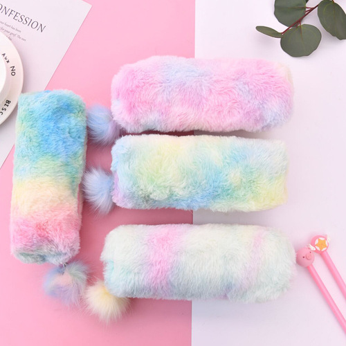 Korean style creative pencil case gradient color cute girl plush octagonal pencil case girl heart student simple storage bag