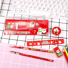聖誕文具五件套裝鉛筆橡皮擦卷筆刀尺子拉邊袋小學生聖誕節日禮物