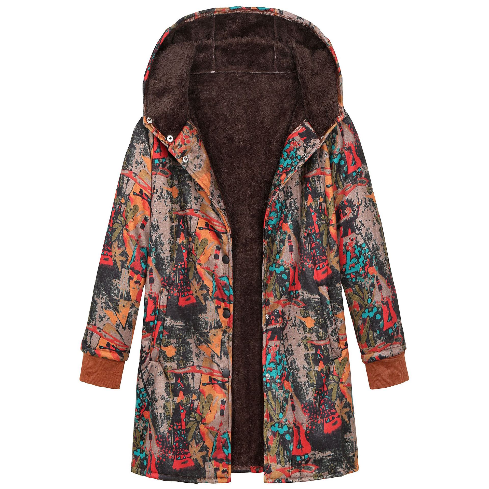 Abrigo de algodón grueso con capucha y manga larga acanalado para mujer, con estampado floral vintage, chaqueta con capucha de talla grande 9958 image 4