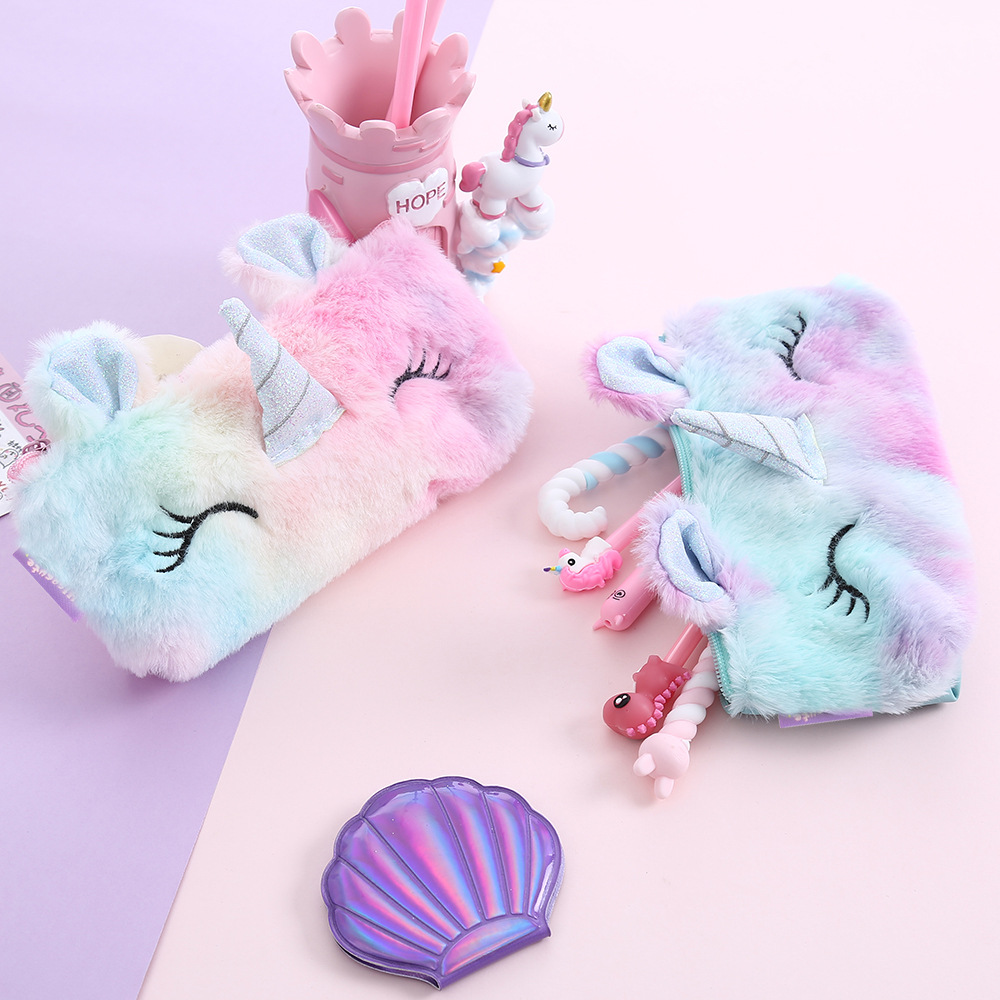 Unicornio de invierno de peluche caja de lápiz unicornio de dibujos animados niños papelería bolsa de almacenamiento bolsa de lápiz Bolsa De Teléfono chica