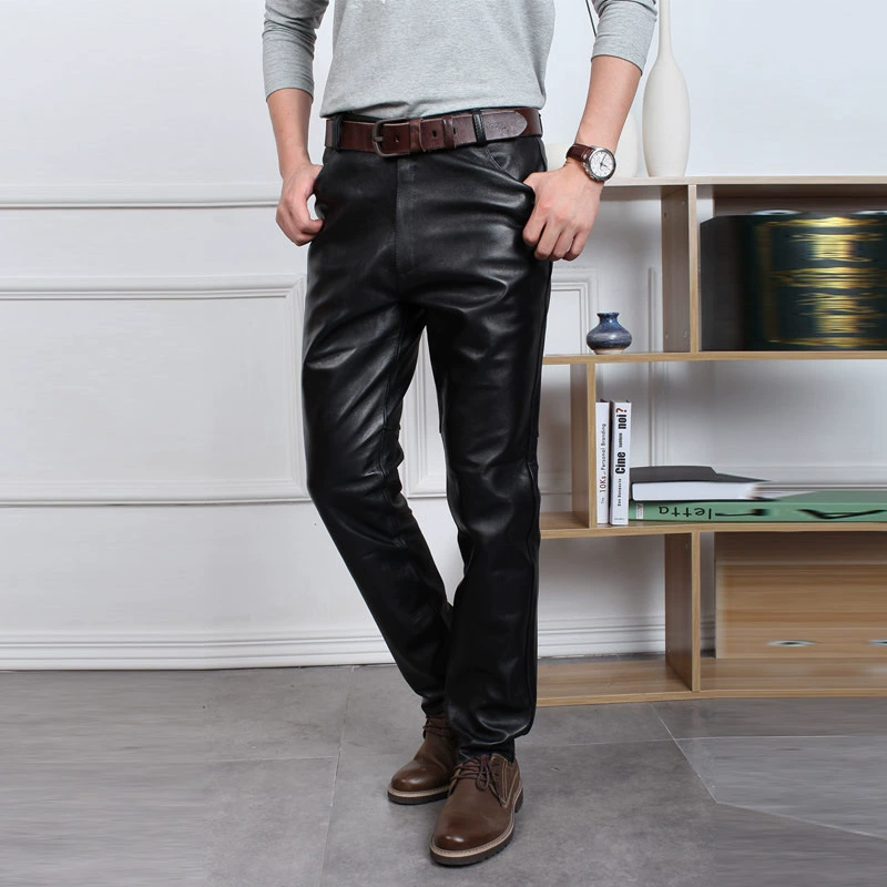 Брюки из натуральной кожи из овчины мужские мотоциклетные кожаные брюки мотоциклетные Молодежные брюки среднего возраста больших размеров прямые брюки 516