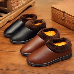 24 cotton slippers men's winter non-slip slip-on fleece-lined soft-soled thick-soled indoor household leather surface waterproof cotton shoes