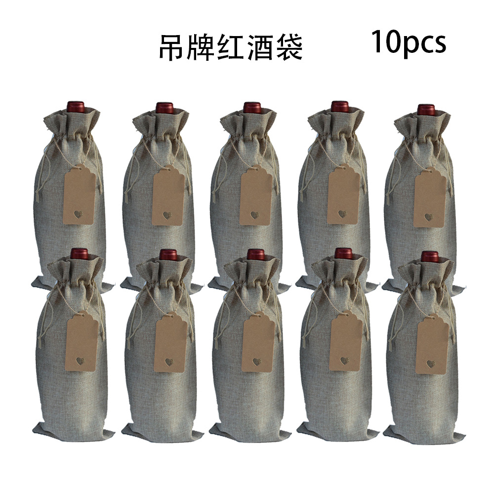 Bolsa de botella de vino tinto 10 piezas bolsa de vino tinto de lino Traje + etiqueta bolsa de embalaje de vino tinto bolsa de cordón de lino en stock